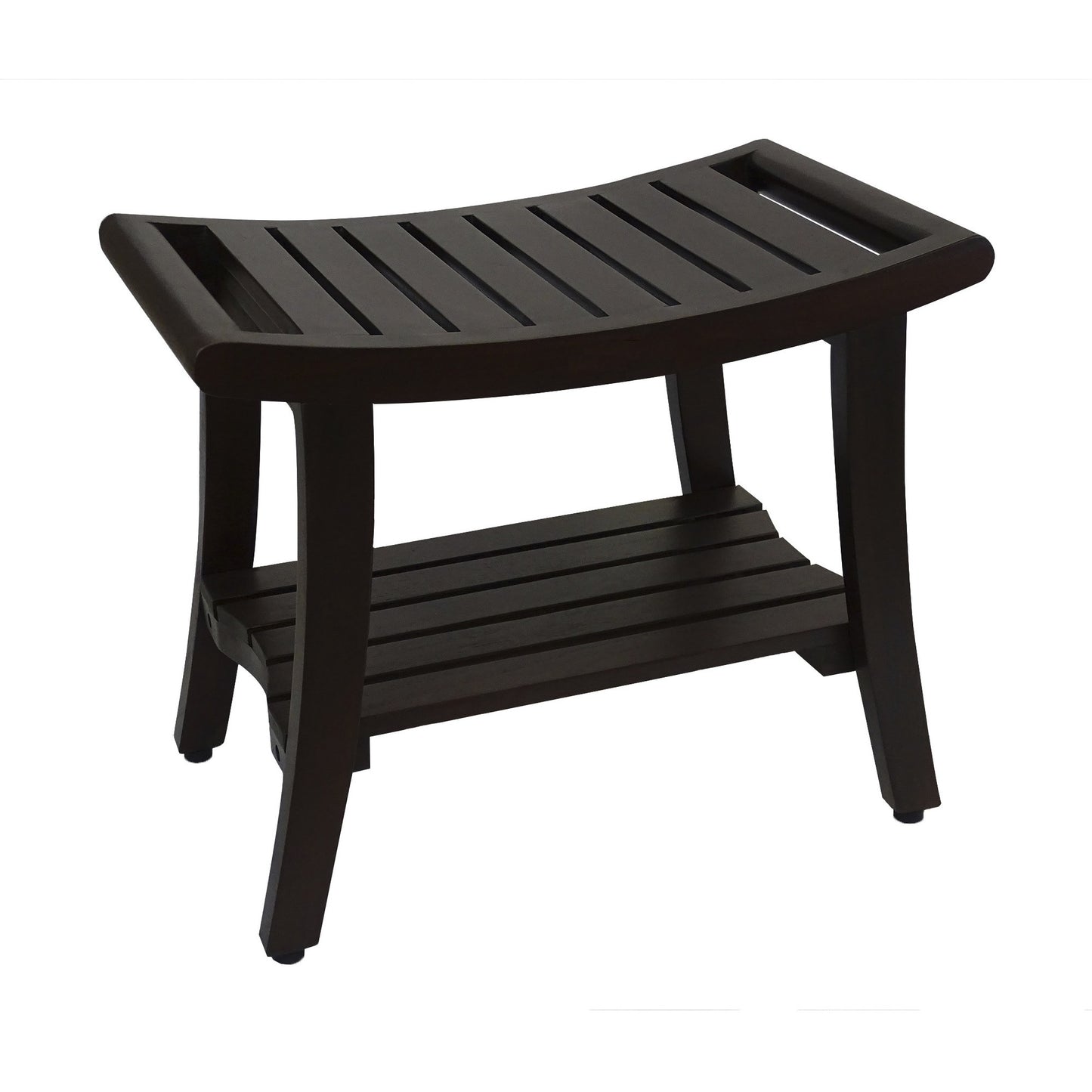 24" Dark Brown Freestanding Teak Shower Bench With Shelf And Handles