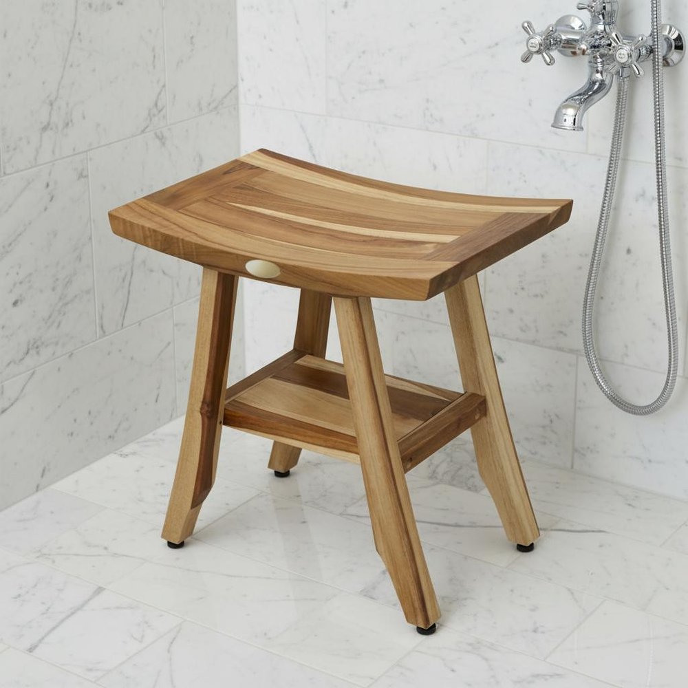 Compact Rectangular Teak Shower Outdoor Bench With Shelf In Natural Finish