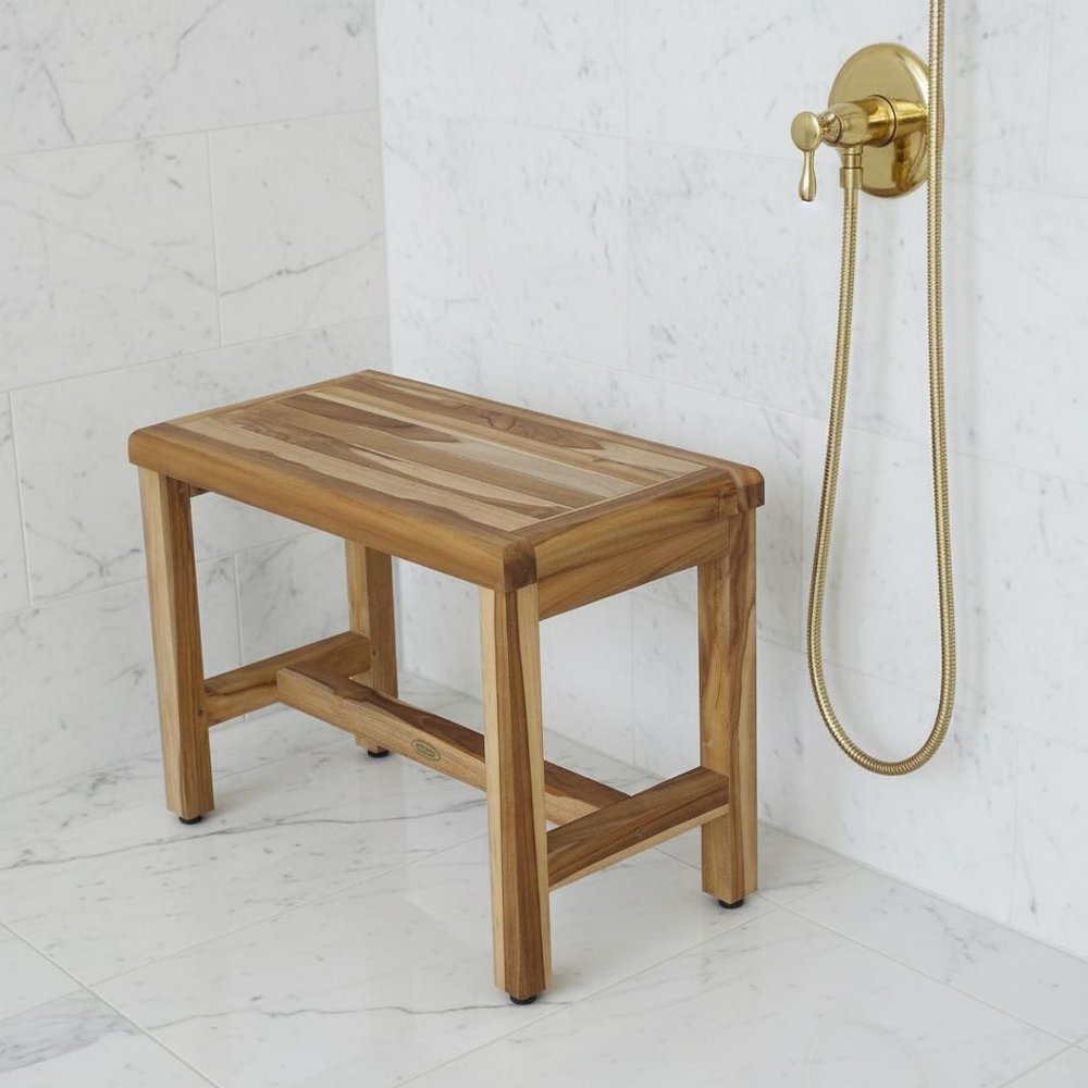 Compact Rectangular Teak Shower Outdoor Bench With Shelf In Natural Finish