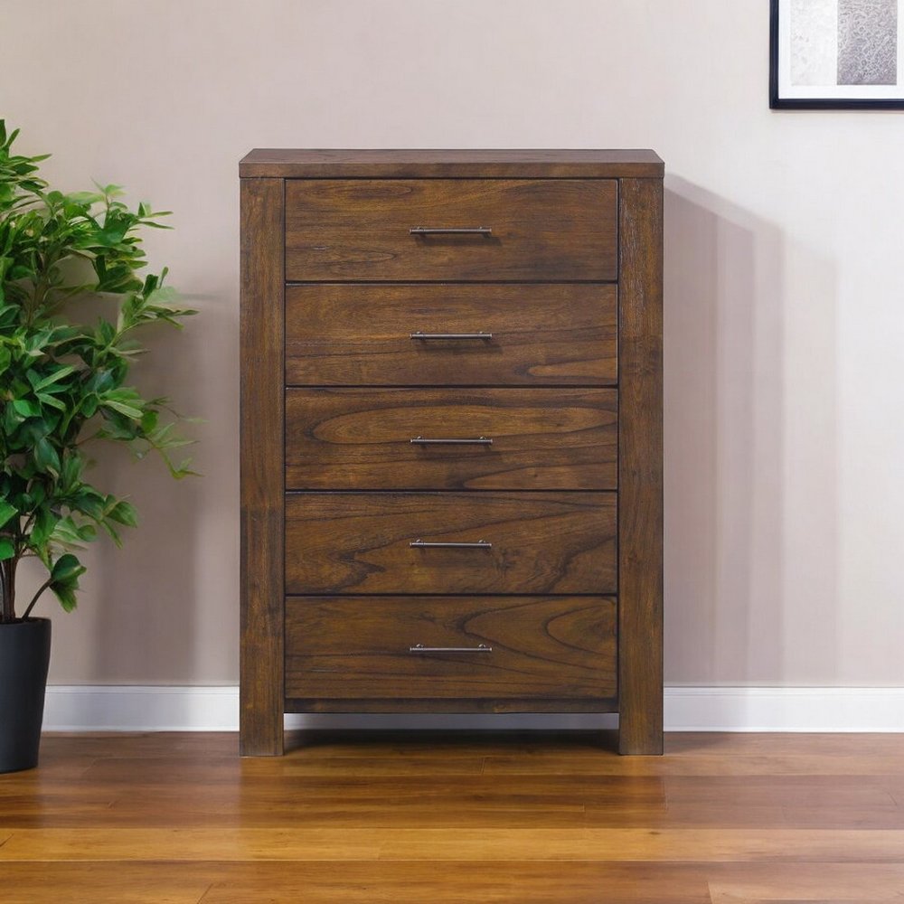 34" Brown Solid Wood Five Drawer Dresser