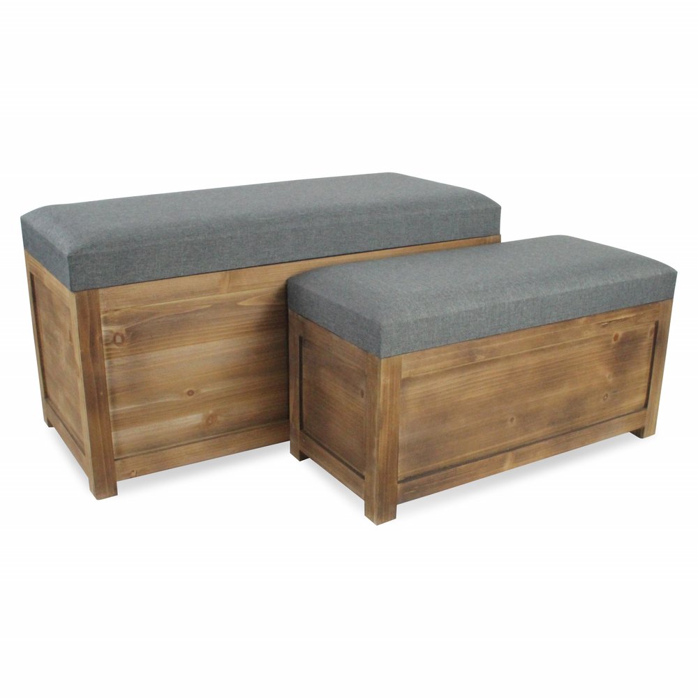 Set Of 2 Rectangular Gray Linen Fabric And Wood Storage Benches