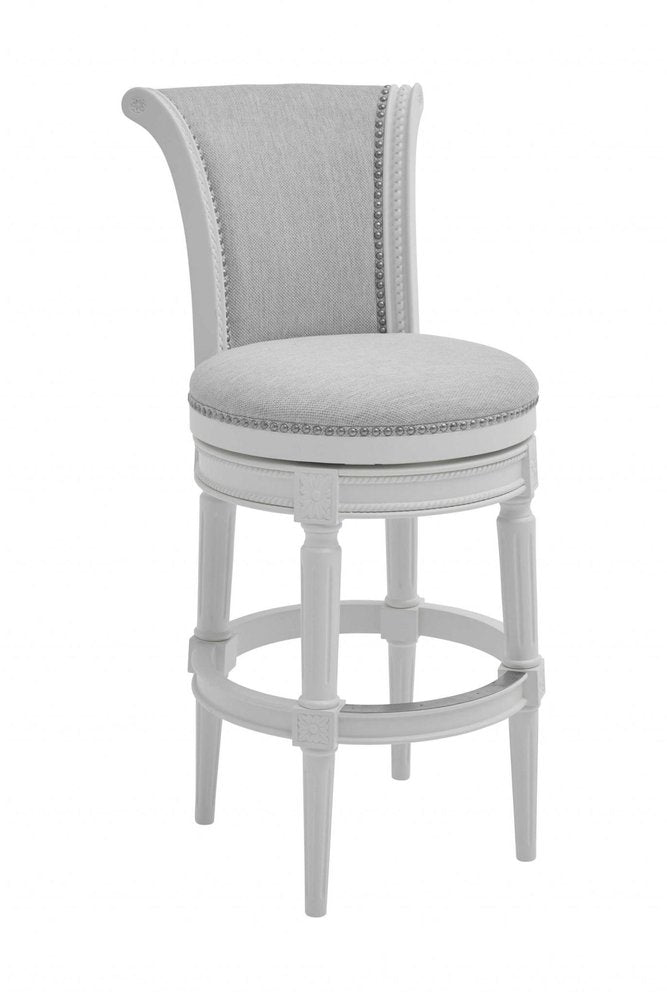 31" Light Gray And White Linen And Solid Wood Swivel Bar Chair