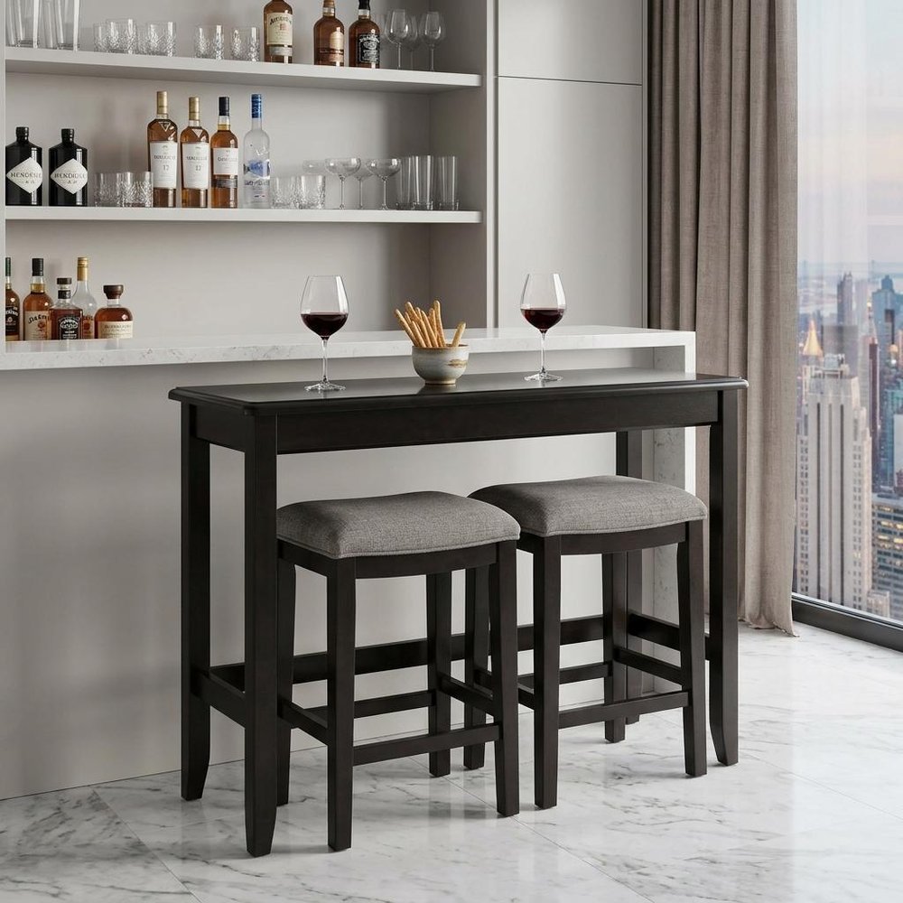 Set of Two 27" Light Gray And Dark Brown Fabric And Solid Wood Backless Bar Chairs