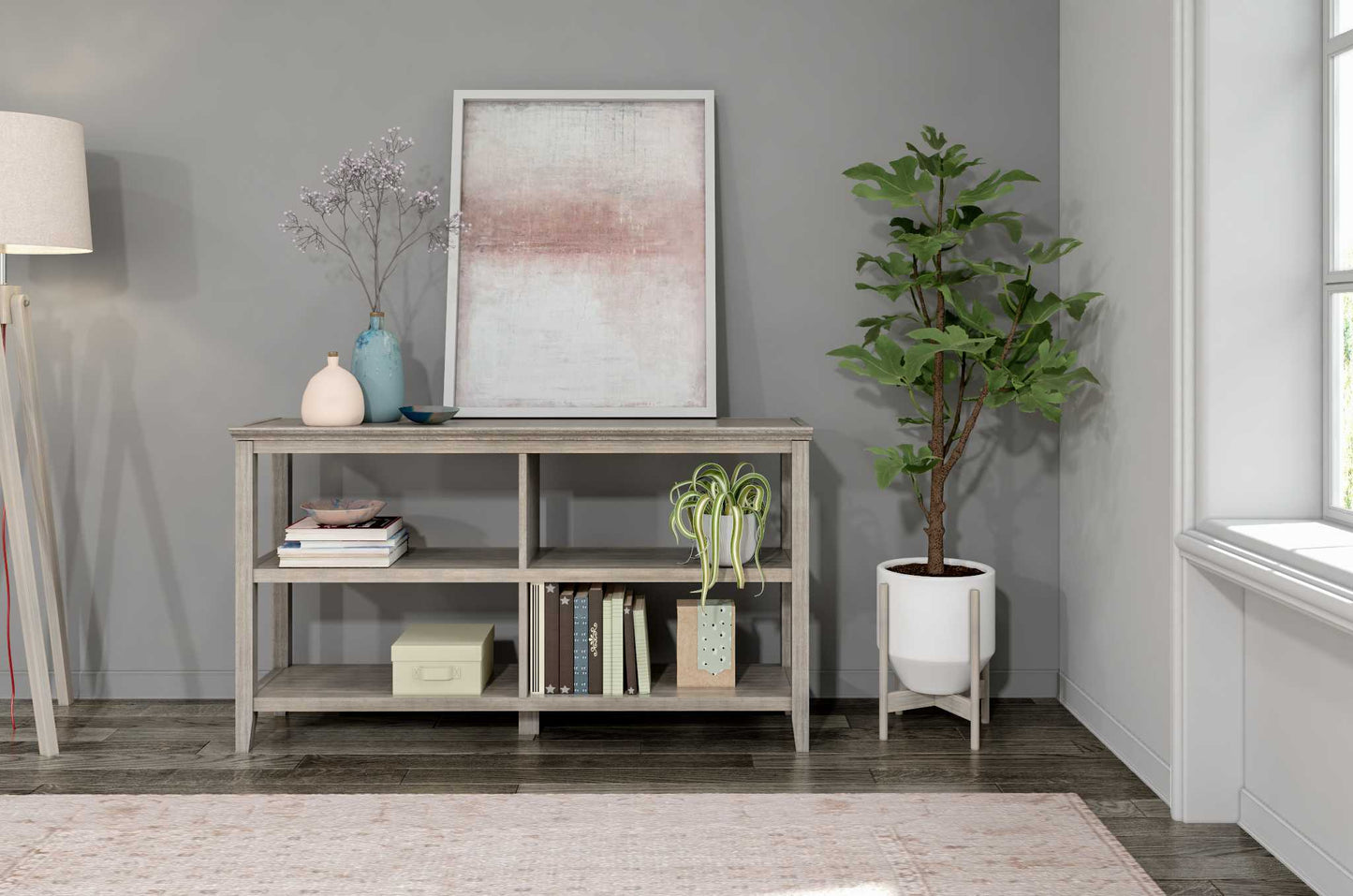 Gray Solid and Manufactured Wood and Solid Wood Double Bookcase