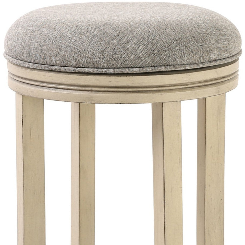 30" Gray and Ivory Fabric and Solid Wood Backless Bar Height Swivel Bar Chair