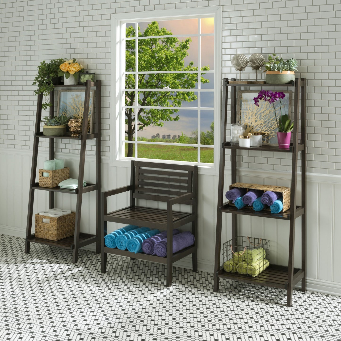 Espresso Solid Wood Ladder Bookcase