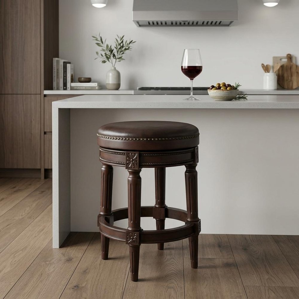 26" Dark Brown and Brown Faux Leather Backless Counter Height Swivel Bar Chair