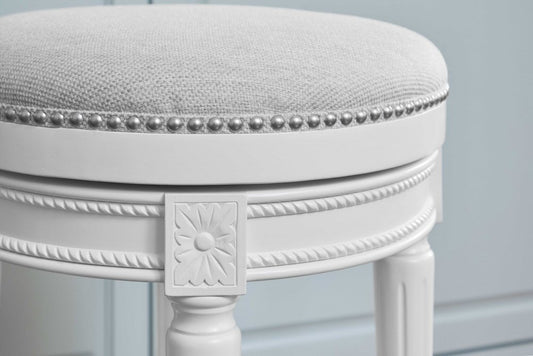 26" White Solid Wood and Fabric Backless Counter Height Swivel Bar Chair