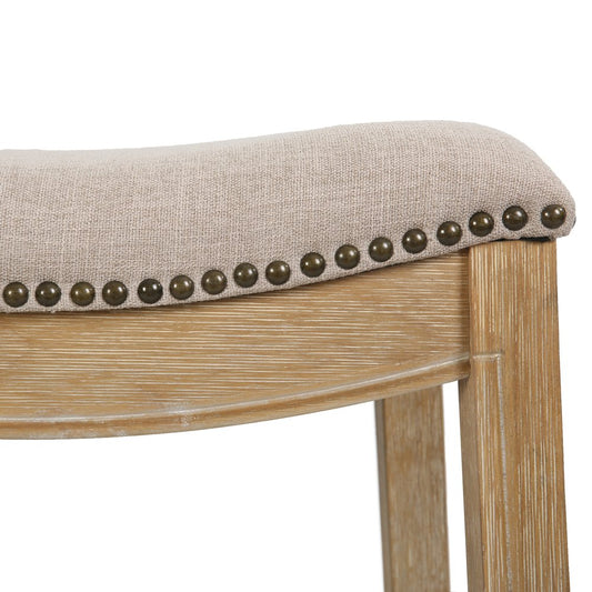 31" Linen and Natural Solid Wood Backless Bar Height Bar Chair