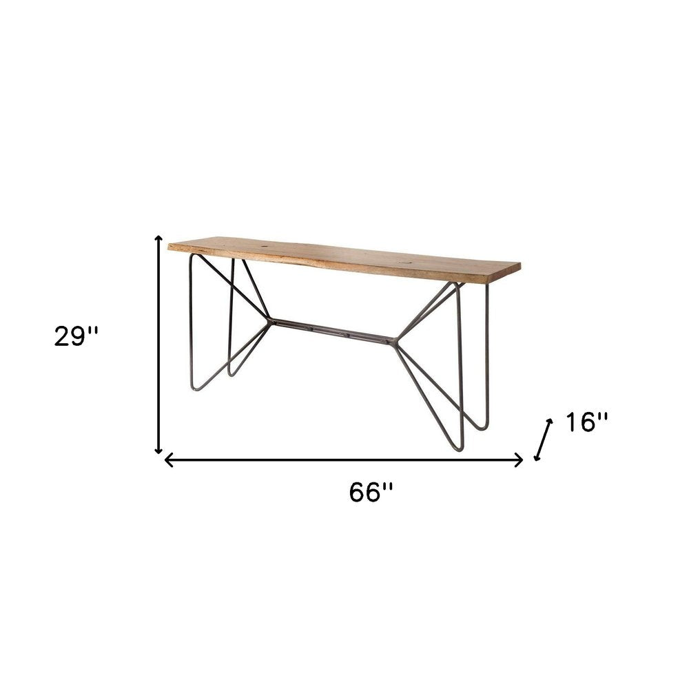 66" Brown and Black Solid Wood and Iron Abstract Base Console Table