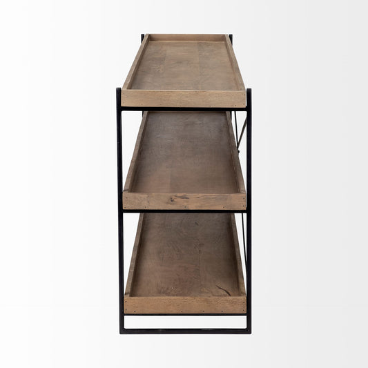 80" Light Brown and Black Solid Wood and Iron Console Table With Two Shelves