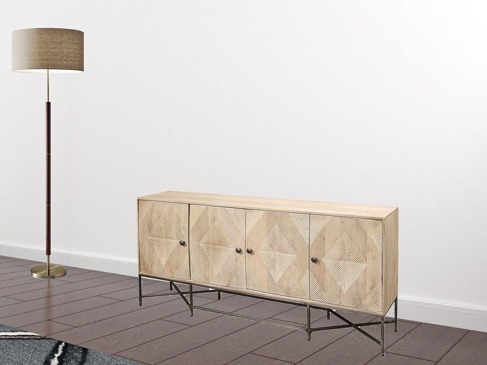 Light Brown Solid Mango Wood Sideboard With 4 Cabinet Doors