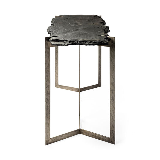 50" Black and Nickel Slate and Iron Distressed Double Pedestal Console Table