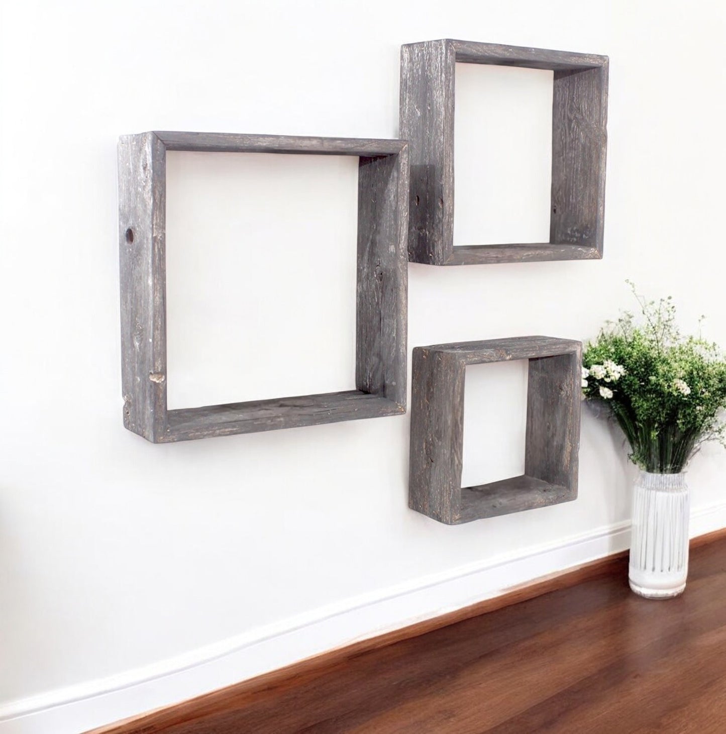 Set of Three Smoky Black Wood Square Hanging Dimensional Sculpture