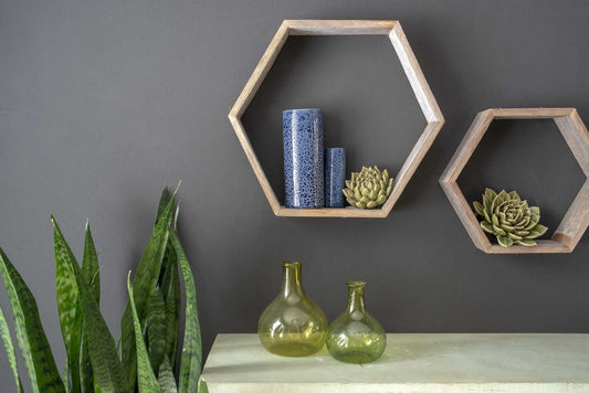 Set of Three Gray Wood Hexagon Wood Open Box Shelves