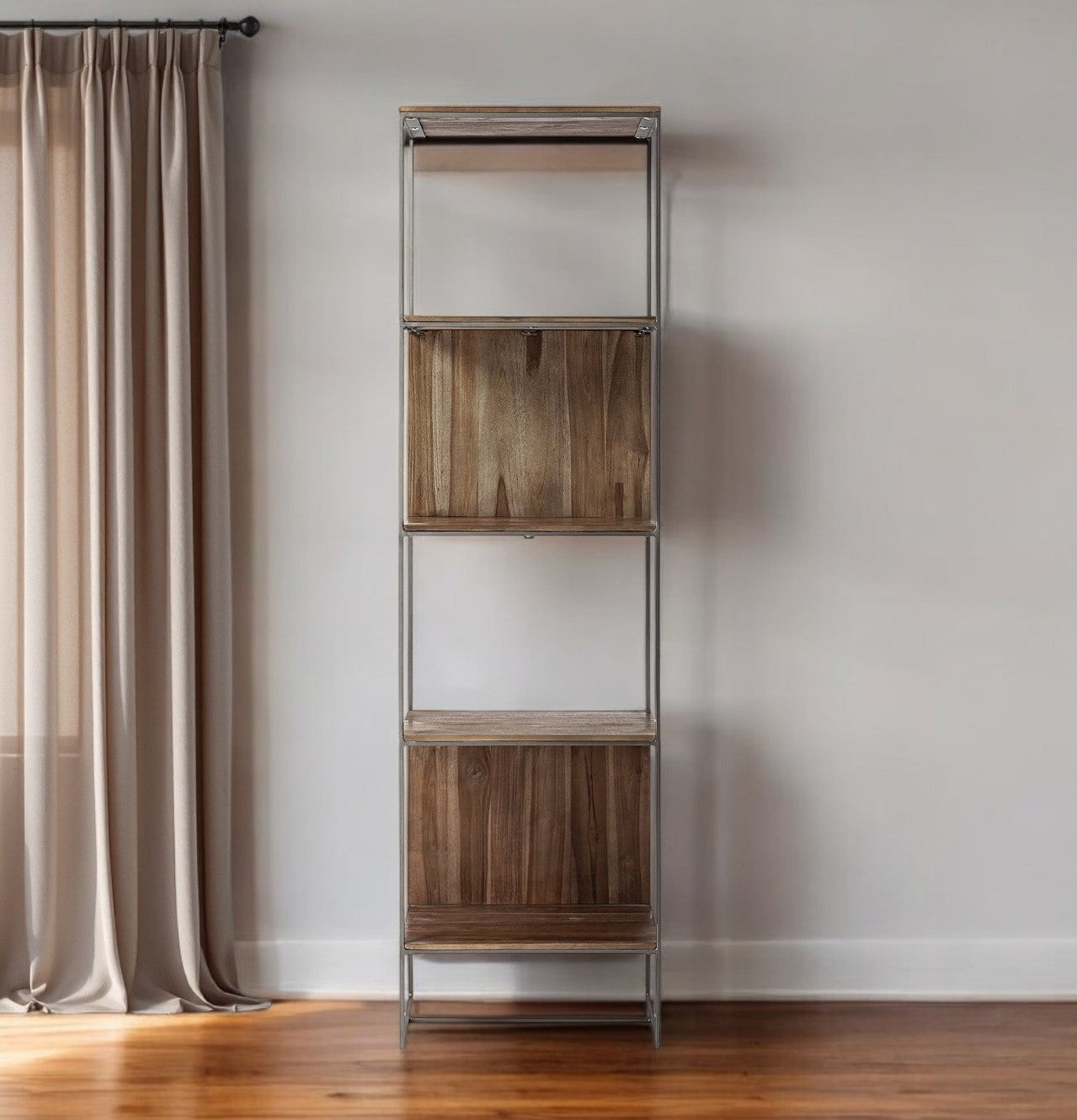 71" Brown And Silver Metal and Wood Four Tier Bookcase
