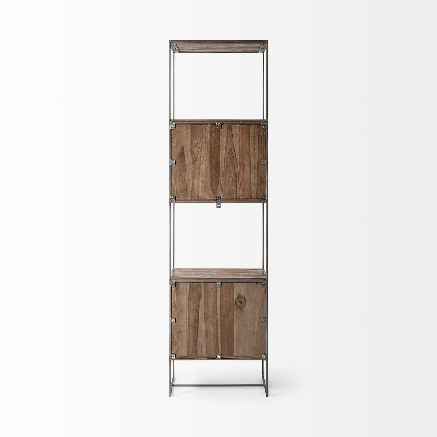 71" Brown And Silver Metal and Wood Four Tier Bookcase
