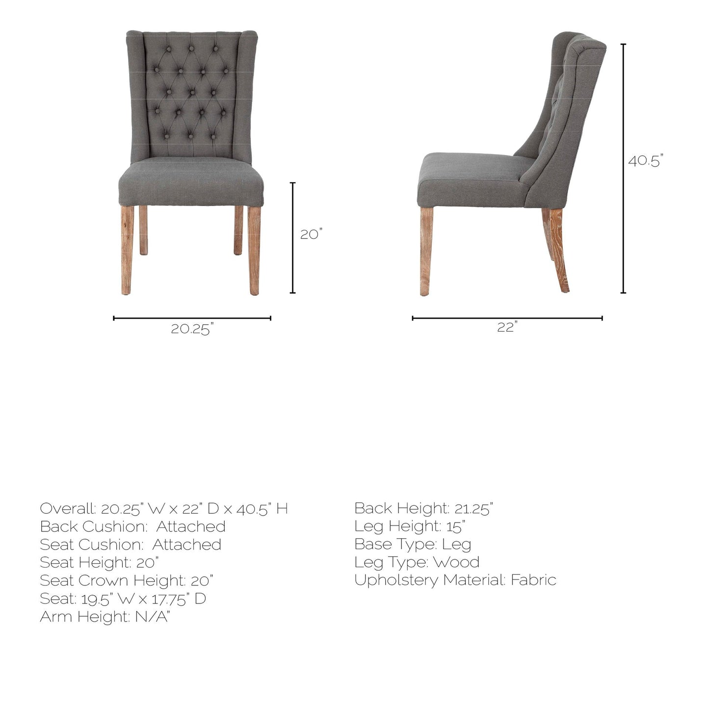 Tufted Gray and Brown Upholstered Linen Wing Back Dining Side Chair
