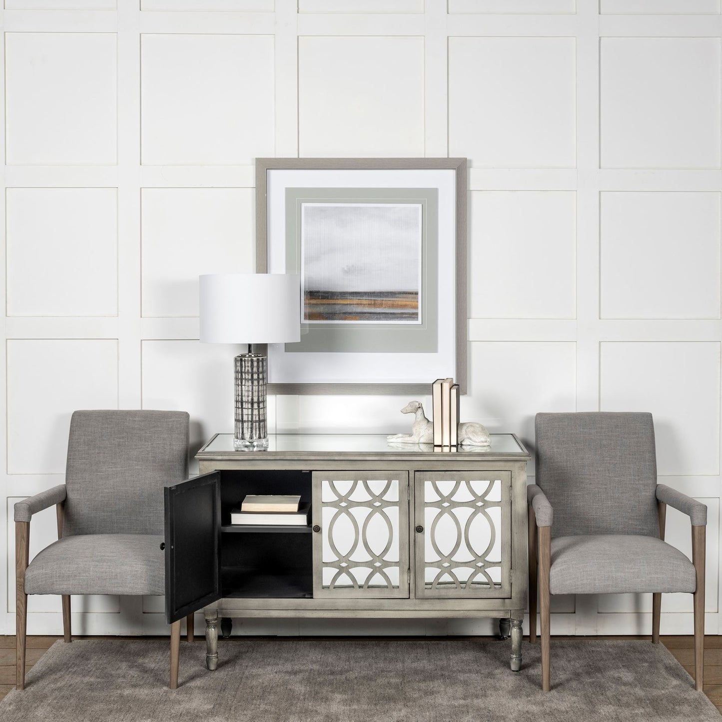 Gray and Brown Upholstered Fabric King Louis Back Dining Arm Chair