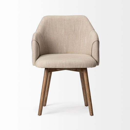 Cream and Brown Upholstered Fabric Dining Arm Chair