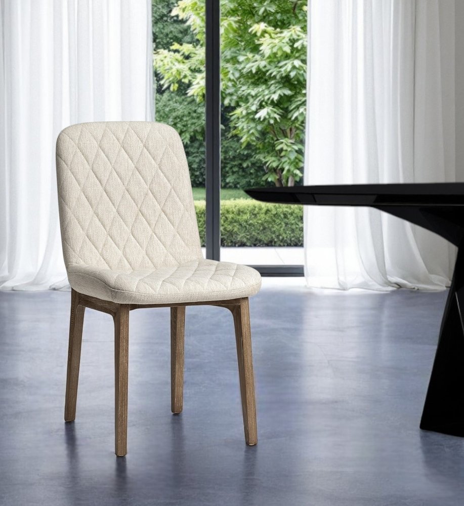 Set of Two Cream and Brown Fabric Dining Side Chairs
