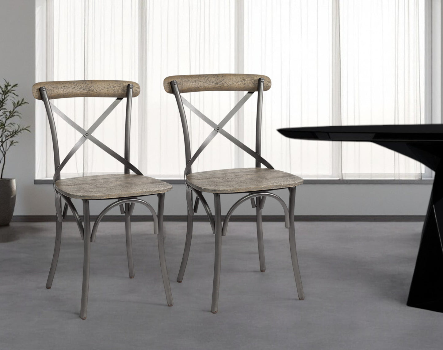 Set Of Two Brown And Gray Wood Cross Back Side Chairs