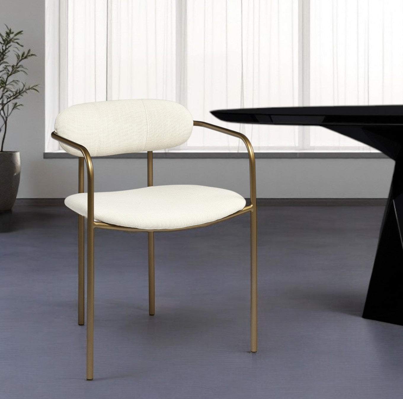 Cream And Gold Upholstered Fabric Open Back Dining Arm Chair
