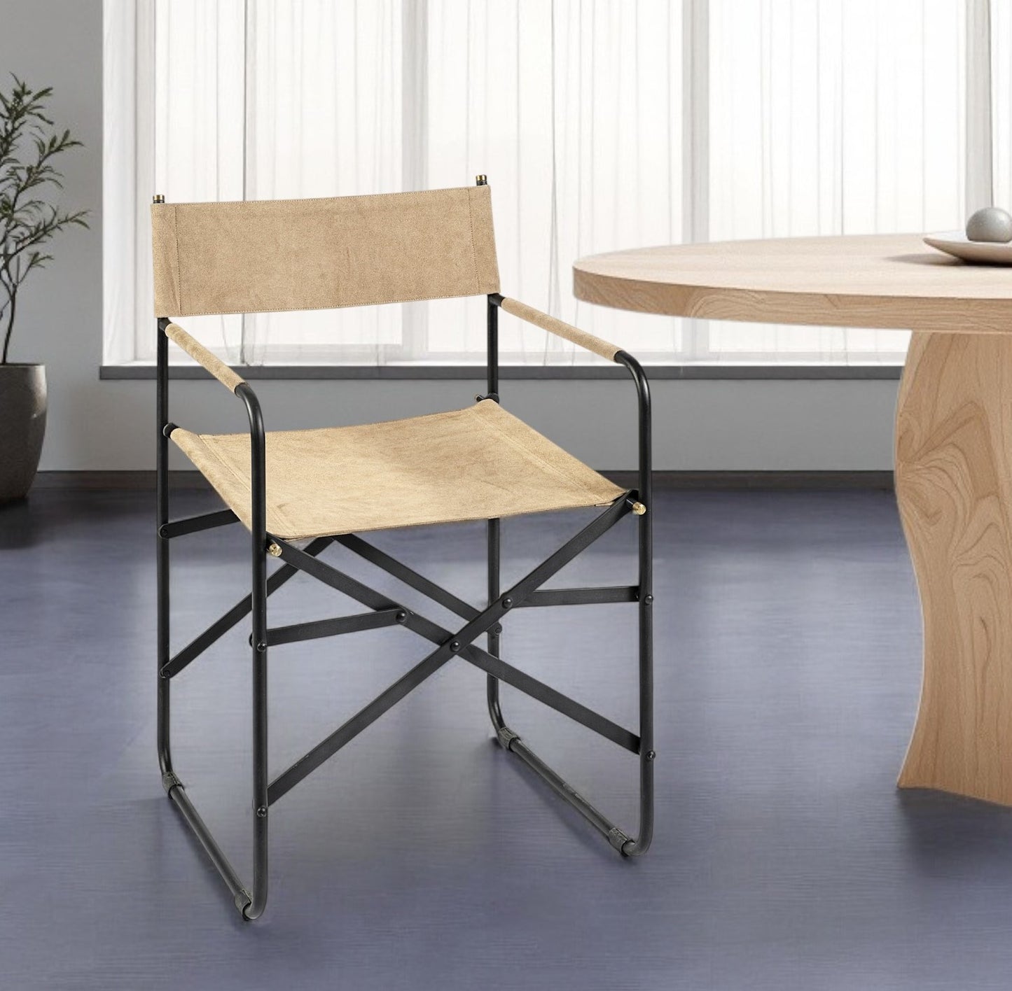 Cream And Black Leather Metal Open Back Dining Arm Chair