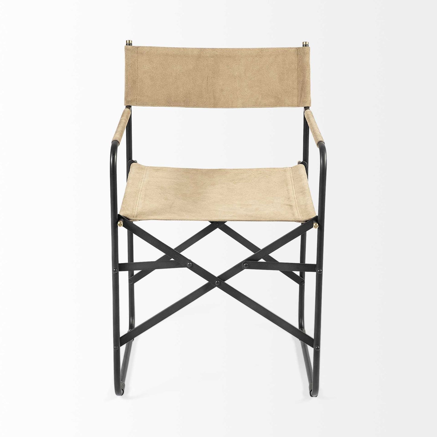 Cream And Black Leather Metal Open Back Dining Arm Chair