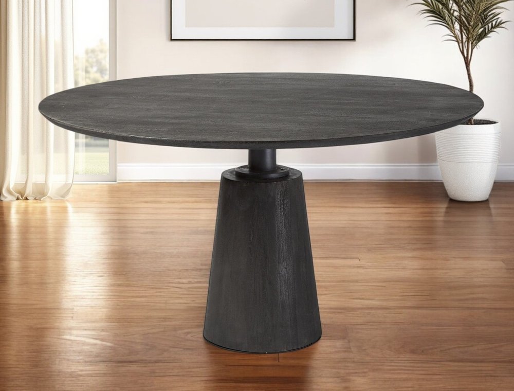 54" Brown Solid Wood and Iron Pedestal Base Round Top Dining Table