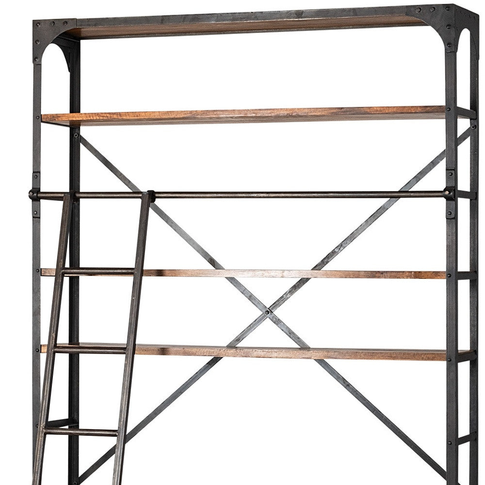 94" Black And Brown Distressed Copper and Wood Four Tier Library Bookcase with Four Drawers