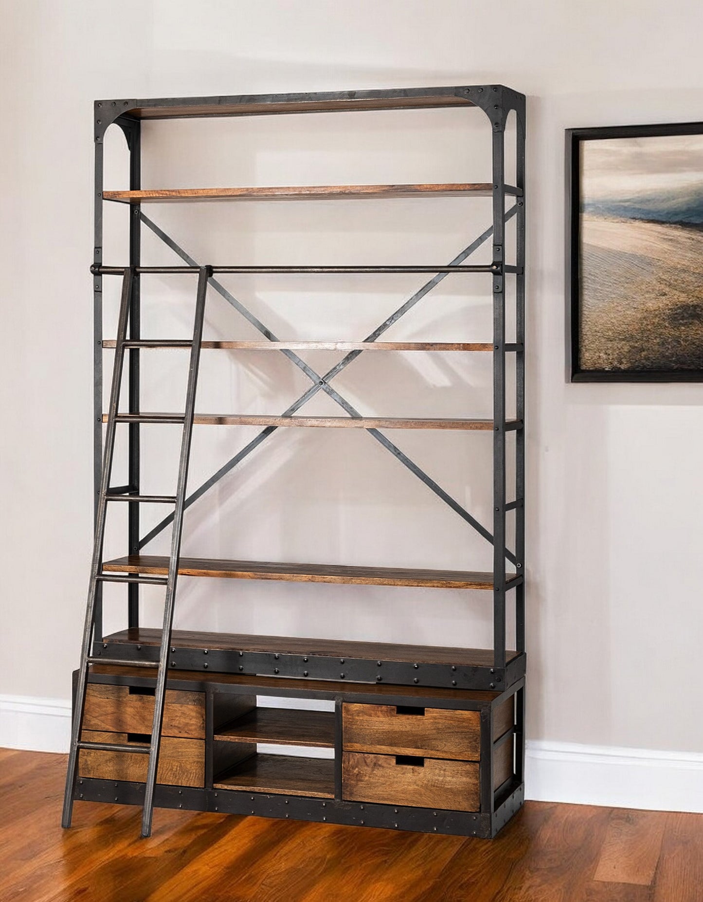 94" Black And Brown Distressed Copper and Wood Four Tier Library Bookcase with Four Drawers