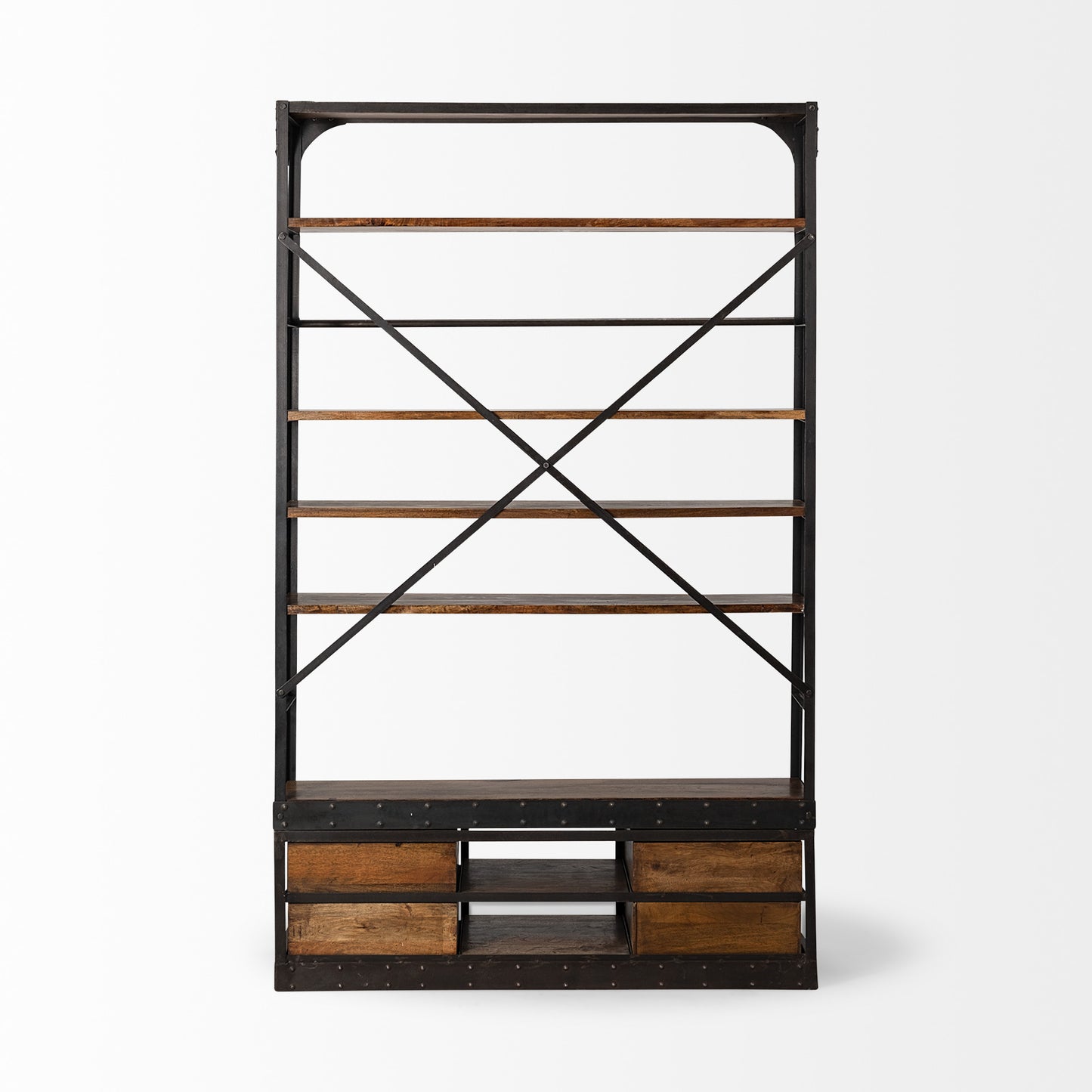 94" Black And Brown Distressed Copper and Wood Four Tier Library Bookcase with Four Drawers
