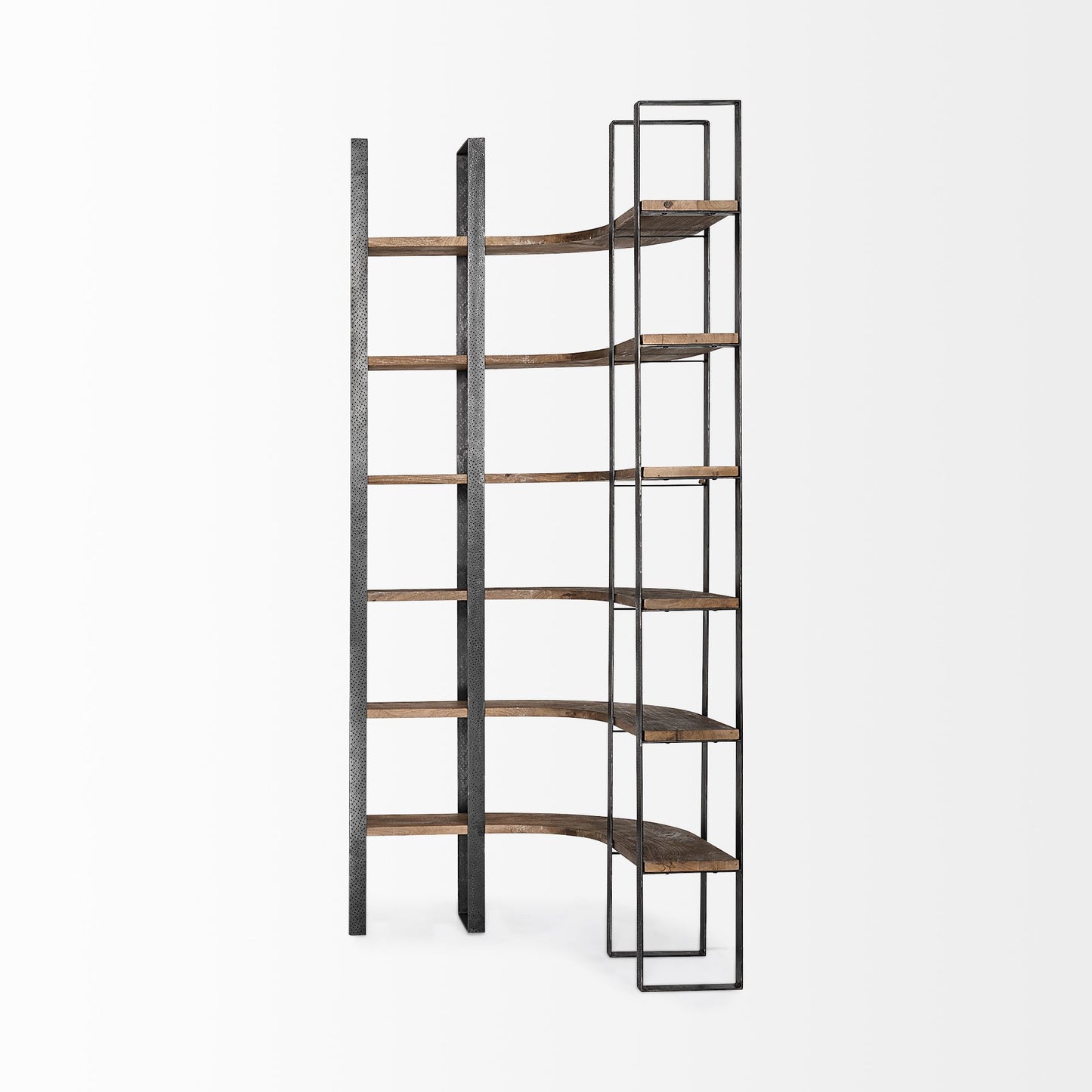 90" Black And Brown Iron and Wood Six Tier Bookcase