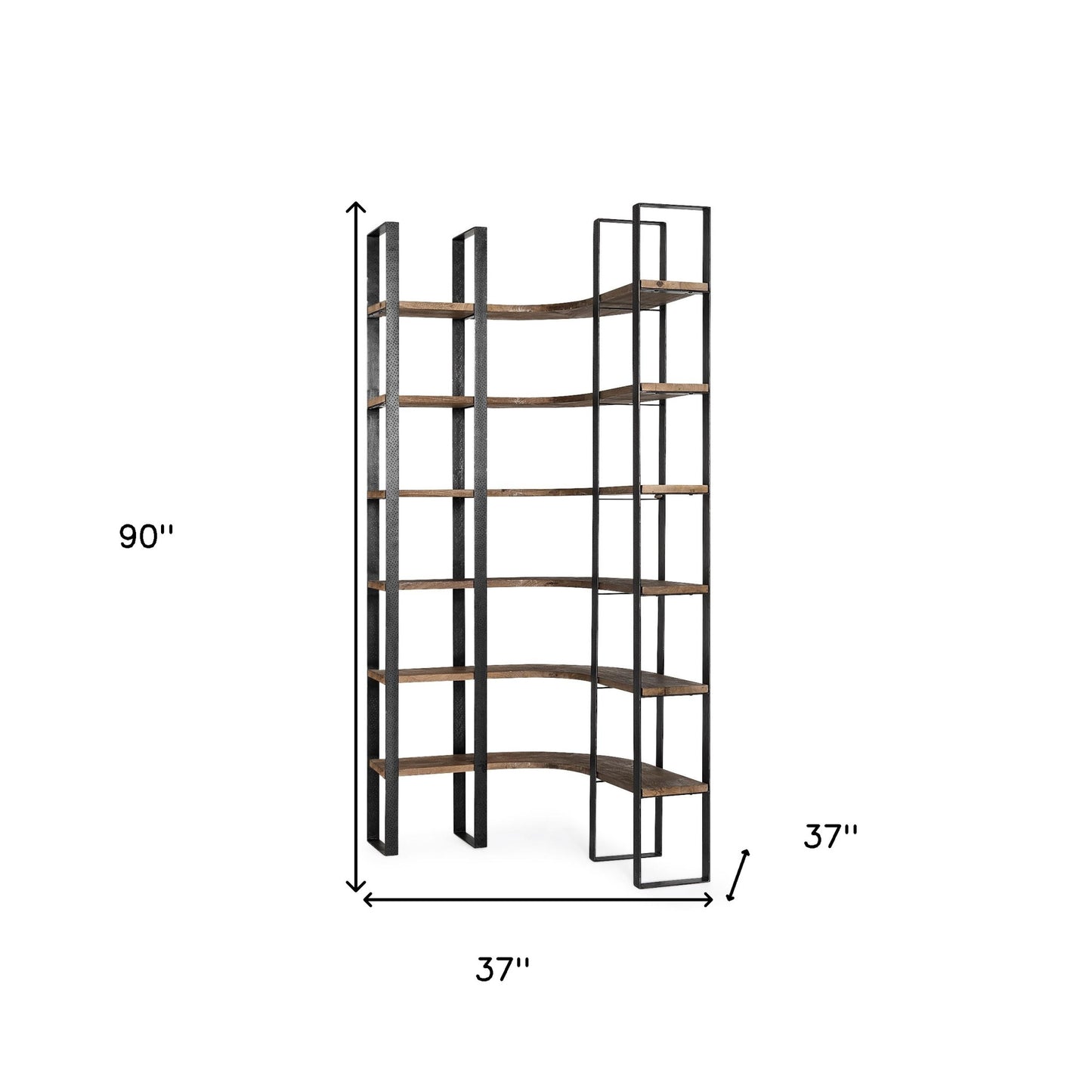 90" Black And Brown Iron and Wood Six Tier Bookcase