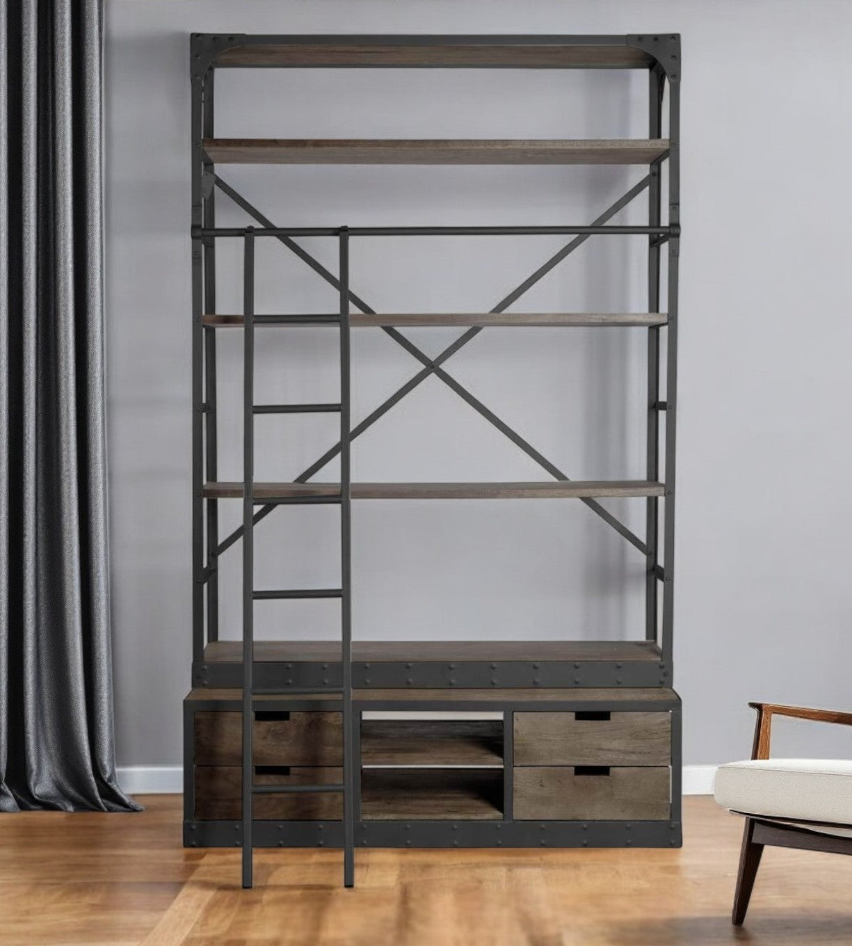 94" Brown Metal and Wood Four Tier Ladder Bookcase