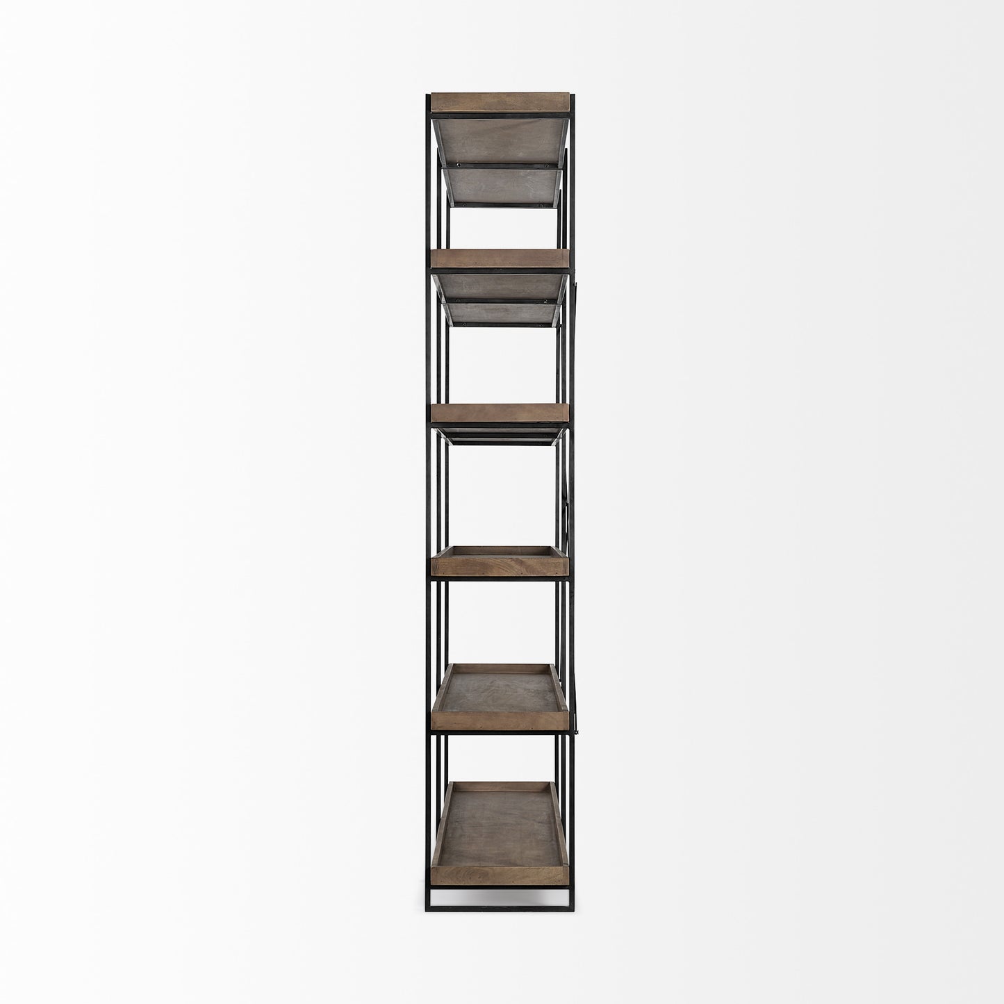 88" Black And Brown Iron and Wood Five Tier Bookcase