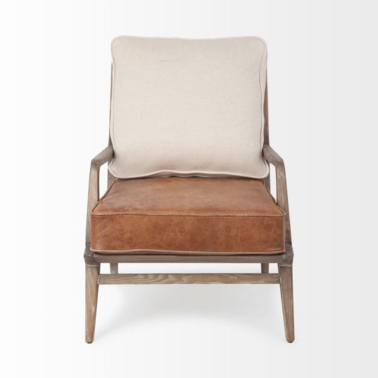 24" Beige and Brown Leather Arm Chair