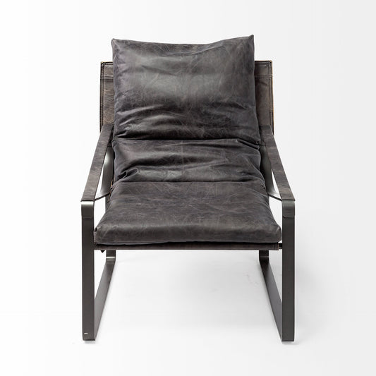 35" Black Leather Distressed Arm Chair
