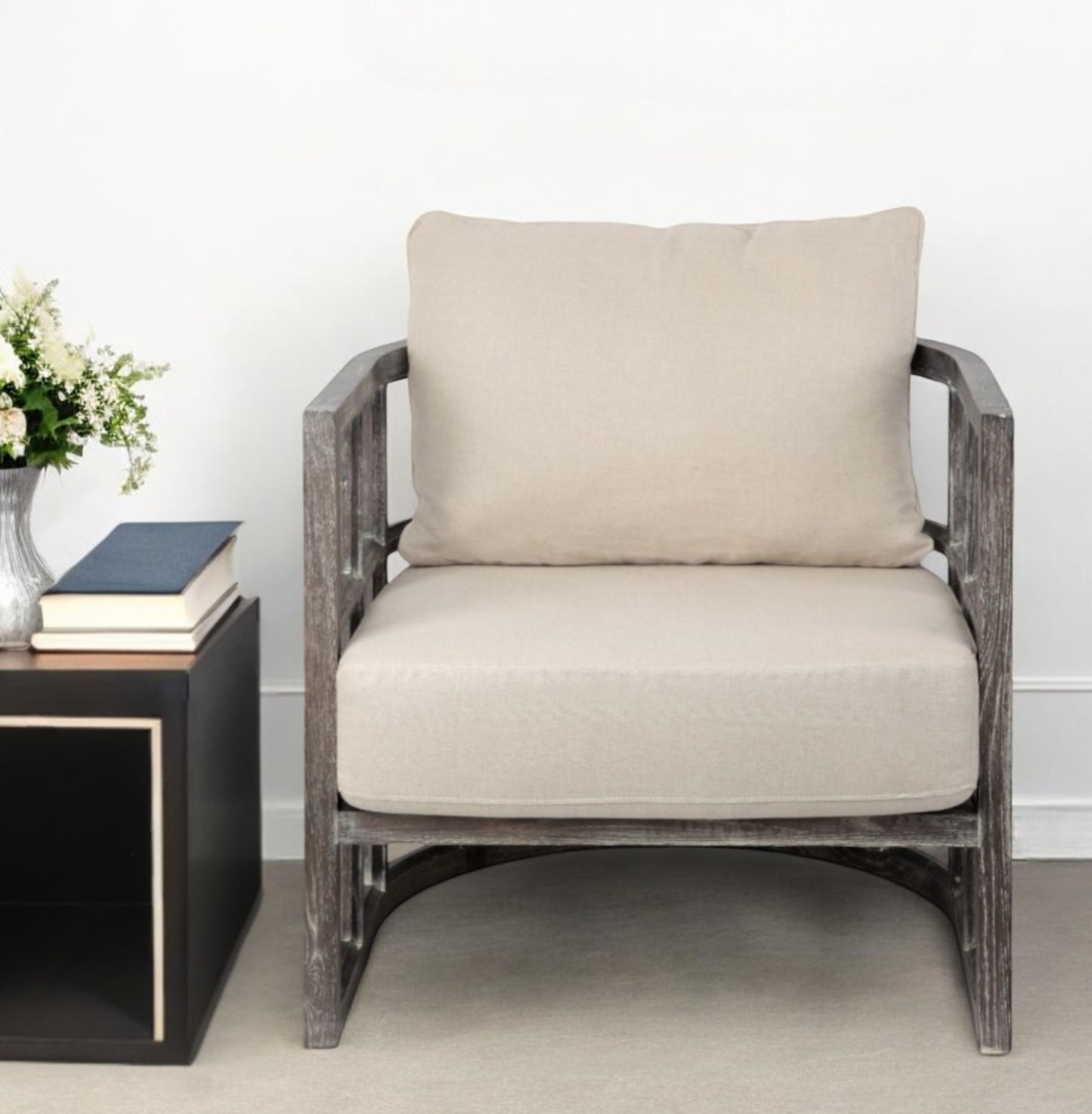30" Cream and Brown Fabric Distressed Arm Chair