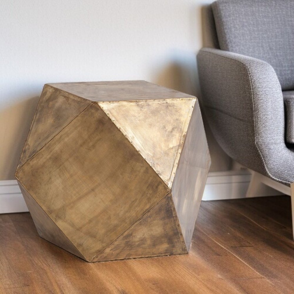 19" Brass Distressed Brass Square Block End Table