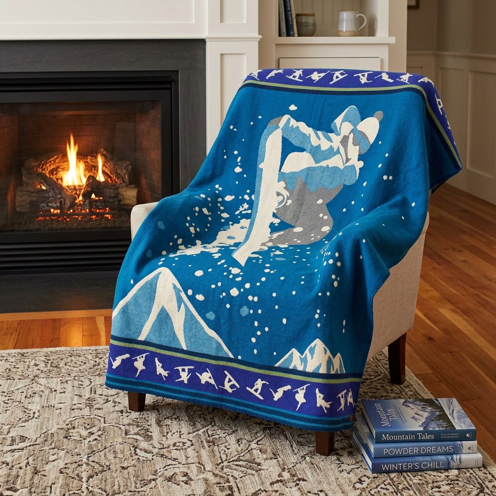 Ultra Soft Blue and White Snowboard Jumper Handmade Queen Size Woven Blanket