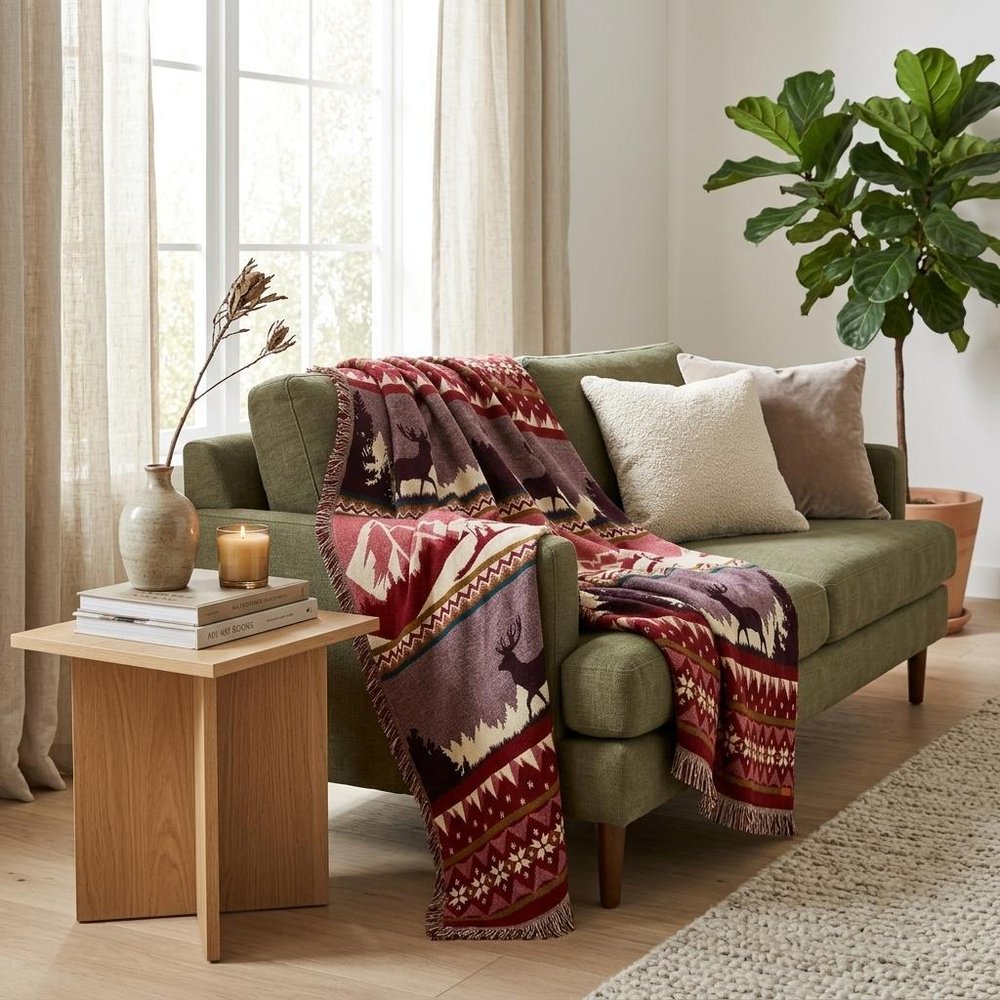 Ultra Soft Red Ski Mountain Handmade Queen Size Woven Blanket