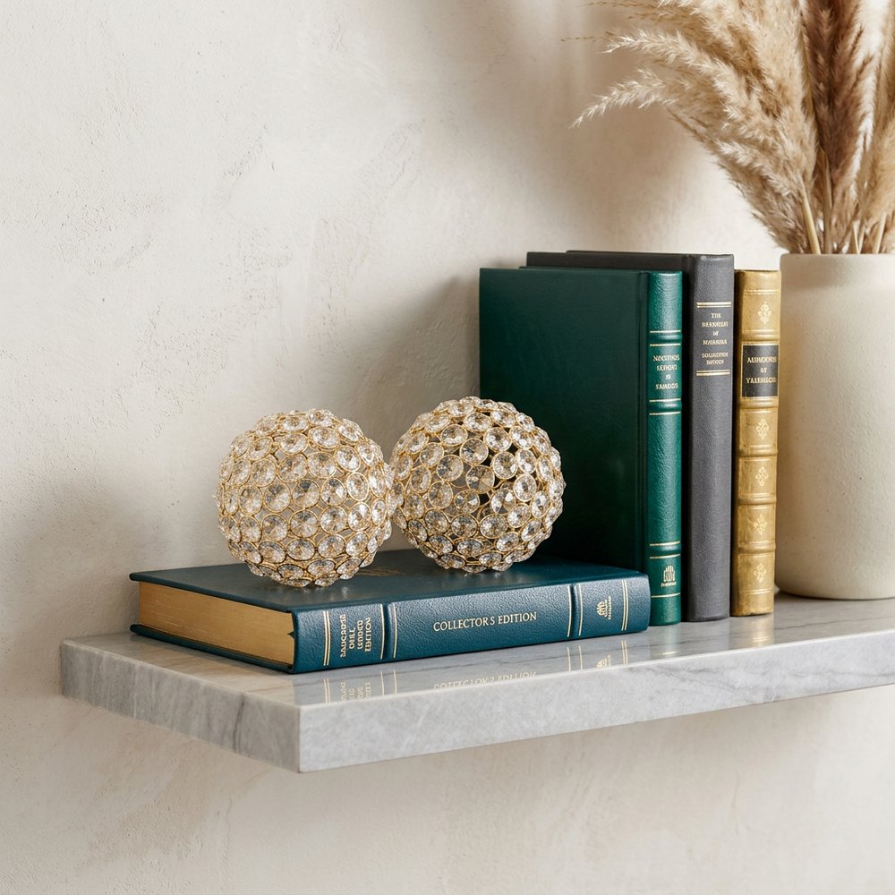 Set Of Two 5" Gold And Faux Crystal Bling Spheres