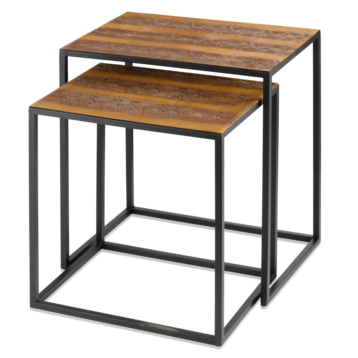 Set of Two Brown and Black Metal And Faux Snake Leather Nesting End Tables