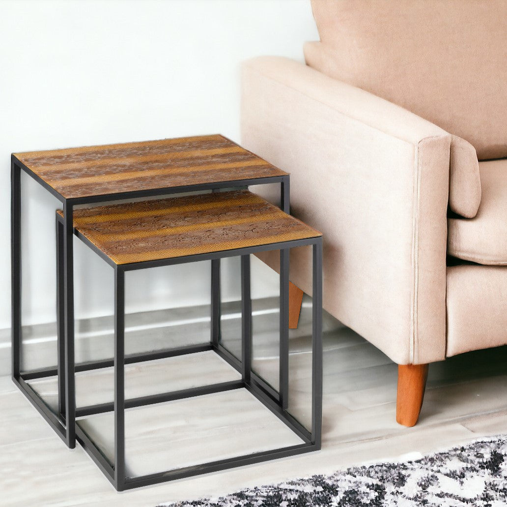 Set of Two Brown and Black Metal And Faux Snake Leather Nesting End Tables
