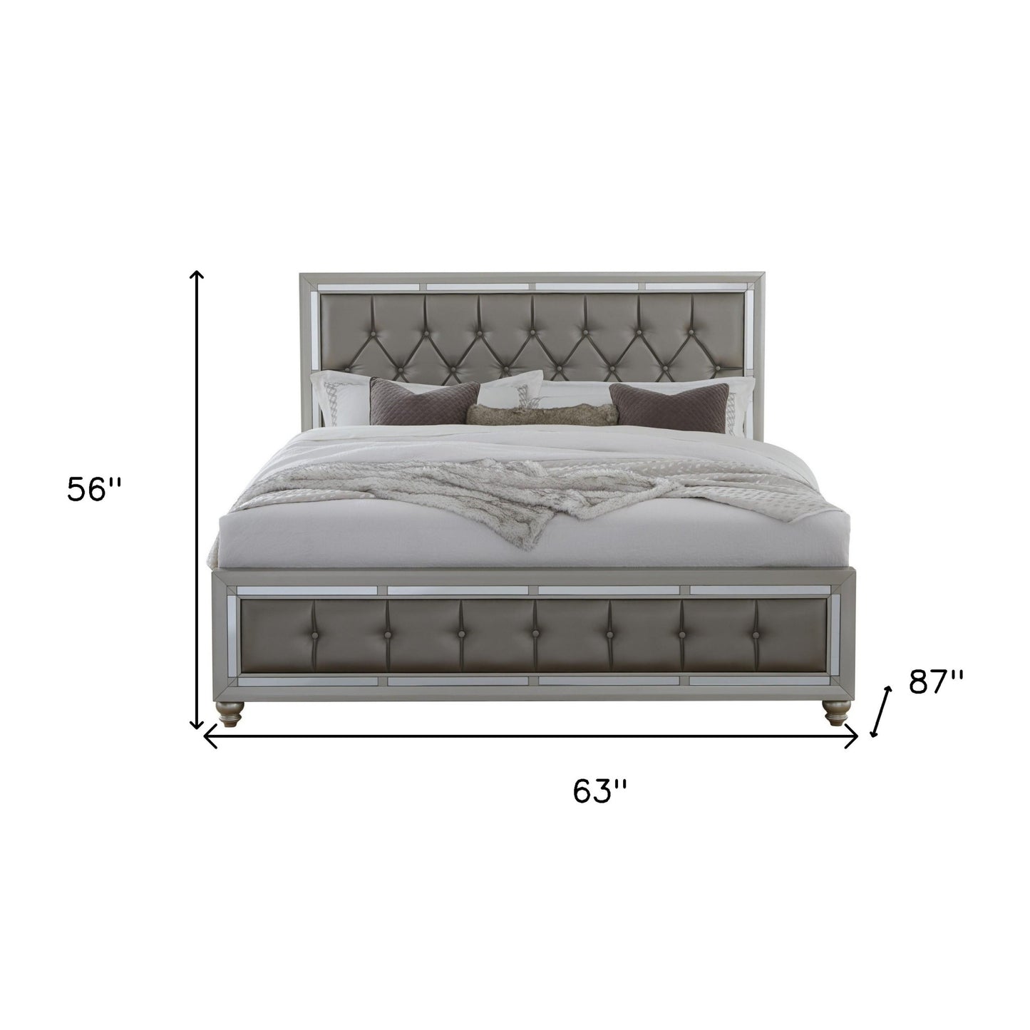 Silver Champagne Tone Queen Bed Padded Headboard Padded Footboard Mirror Trim Accents