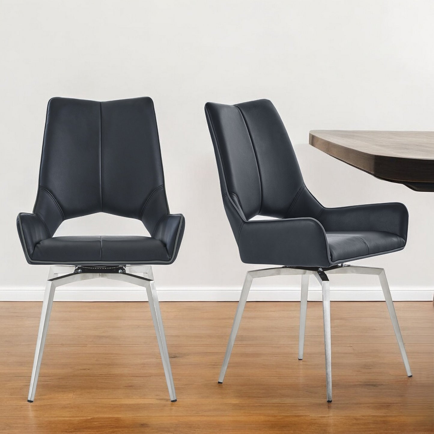 Set of Two Black and Silver Upholstered Faux Leather Dining Side Chairs