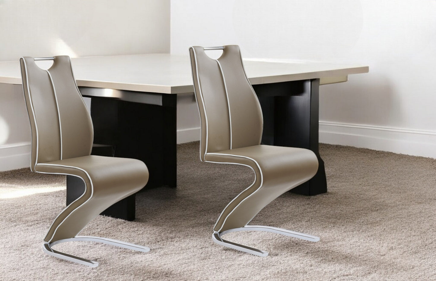 Set of Two Brown and Silver Upholstered Faux Leather Dining Parsons Chairs
