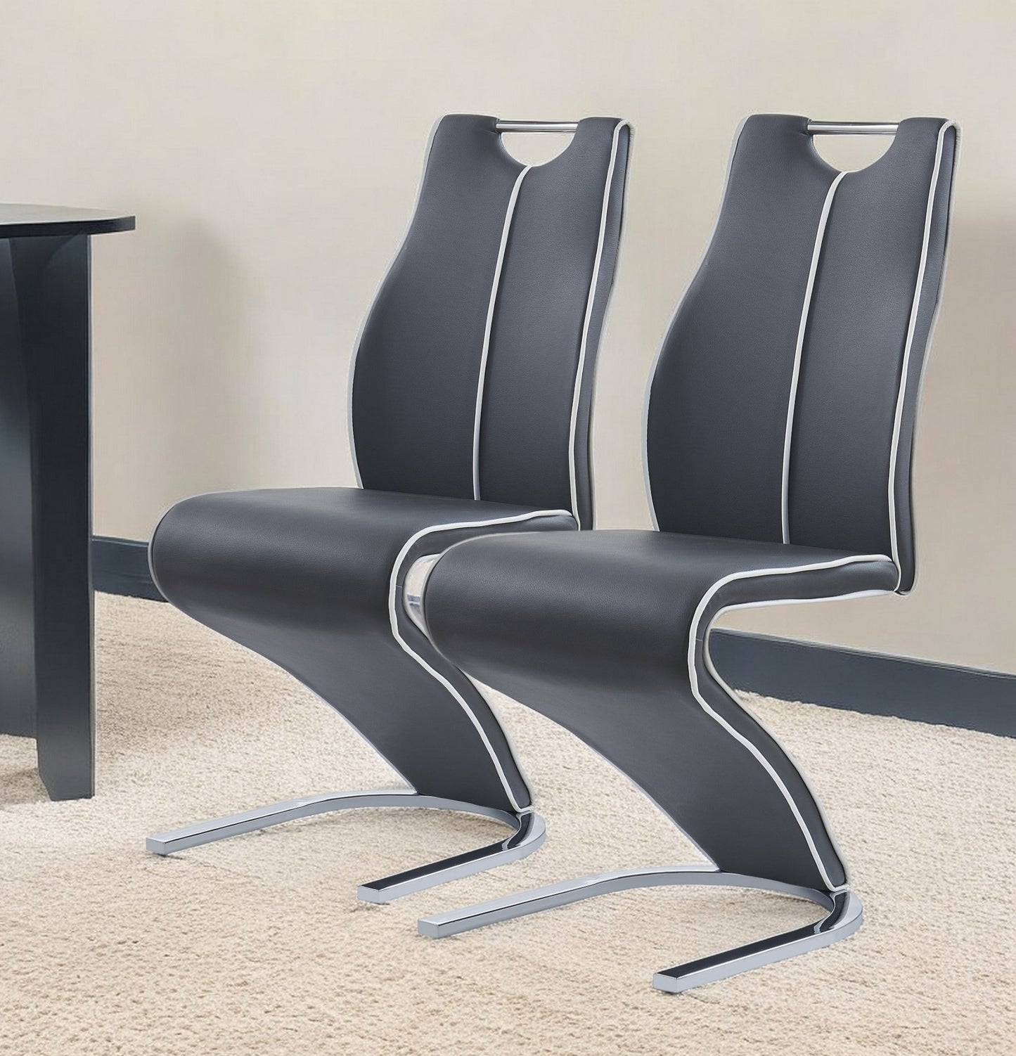 Set of Two Gray White and Silver Upholstered Dining Side Chairs